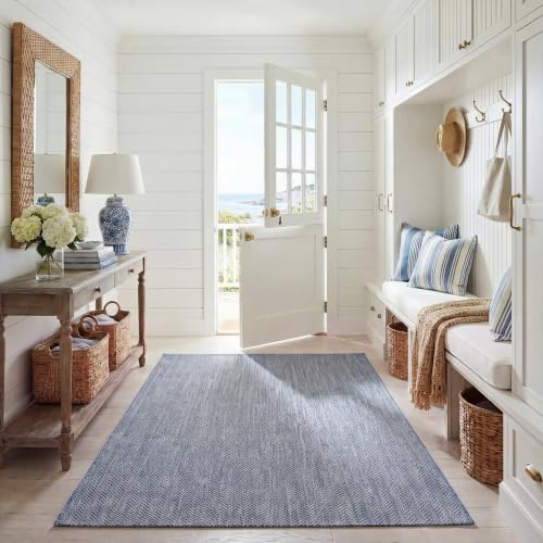 SAFAVIEH Outdoor Area Rug 6'7x9'6 - Courtyard Collection - Coastal Design, Navy & Grey, Durable & Easy Cleaning, Ideal for Patio, Entryway, Mudroom, Backyard (CY8022-36821)