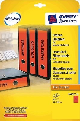 Avery Zweckform L4752-20 Ordner-Etiketten für breite Ordner, lang, rot, 61 x 297 mm, 60 Etiketten