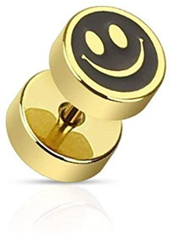 Tapsi´s Coolbodyart® Fake Plug Ohrstecker Edelstahl Chirurgenstahl 316L Smiley Gold Schwarz