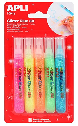 APLI Kids 13224 - Pack glitter glue 3D adhesivo colores neón, 5 uds