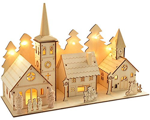 WeRChristmas Pre-Lit Wooden Church and Village Scene Illuminated with 12 Warm White LED Lights, 35 cm - Multi-Colour