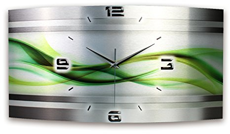 Kreative Feder „Abstrakt“ - Designer-Wanduhr aus gebürstetem Aluminium Größe 50x30cm mit leisem Uhrwerk wahlweise Funk oder Quarz (Grün Metallic, leises Funkuhrwerk)