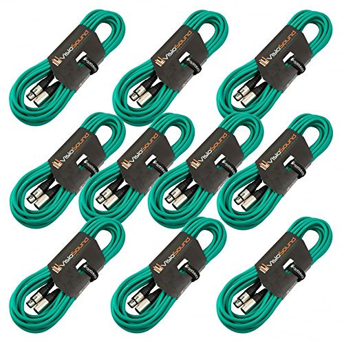 VisioSound 10 x 10m Male to Female XLR Mic Leads/Balanced Microphone Cables / 8 Colours / 10 Pack Green