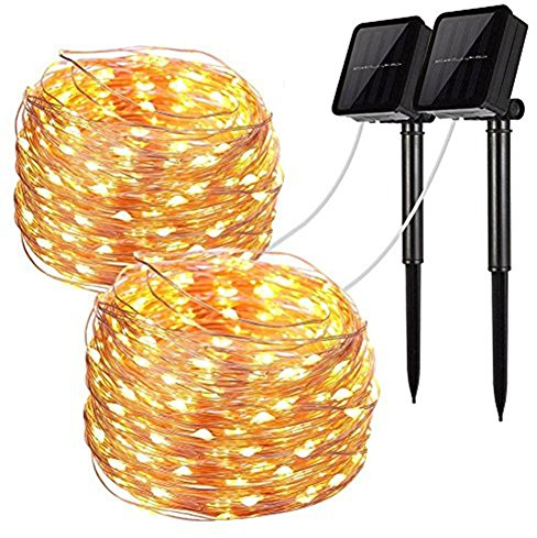 Solar String Lights Outdoor, 2 Pack Total 200 LED 20M/66FT Solar Garden Lights Waterproof 8 Modes Indoor/Outdoor Fairy Lights Copper Wire Lighting for Patio Yard Party Wedding Xmas (Warm White)