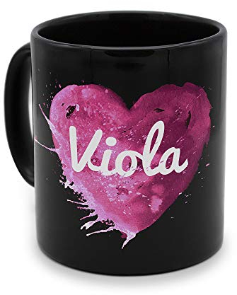printplanet - Tasse Schwarz mit Namen Viola - Motiv: Painted Heart - Namenstasse, Kaffeebecher, Mug, Becher, Kaffeetasse