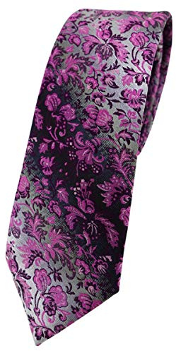 TigerTie schmale Designer Krawatte in magenta rosa anthrazit grausilber geblümt gemustert