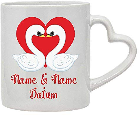 SL-Store GbR Grafik Pixel Paper Prints Herztasse mit Namen Datum/Wunschtext Liebe Schwäne Schwan Herz 270 ml Weiß Jahrestag Spülmaschinengeeignet