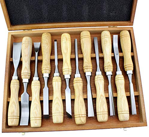12 Stück Stechbeitel Tranchierbesteck, Holz Werkzeuge Meißel Kit Tranchiermesser Meißel für Zimmerer, Künstler, Anfänger, mit Holz Aufbewahrungsbox