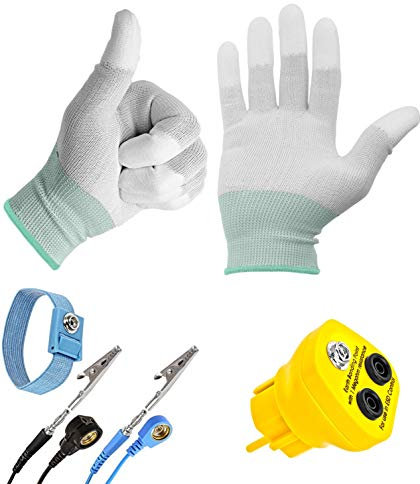 Minadax Erdungsbaustein + Manschette mit 2,40m Verlängerung - EBP - Innovativer ESD Antistatik Schutzkontaktstecker Erdungsstecker + ESD Antistatik Handschuhe Gr: L