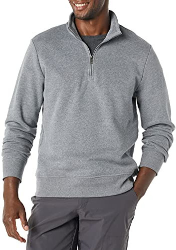 Amazon Essentials Felpa in Pile A Maniche Lunghe con Zip Corta Uomo, Grigio Medio Puntinato, M