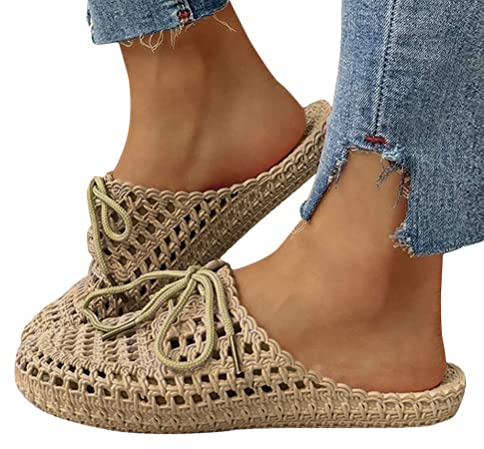 Minetom Damen Hausschuhe Atmungsaktiv Mesh Hausschuhe Sommer Hohl Latschen Badeschuhe Strand Slippers Flach Sohle Pantoffeln A Khaki 38 EU