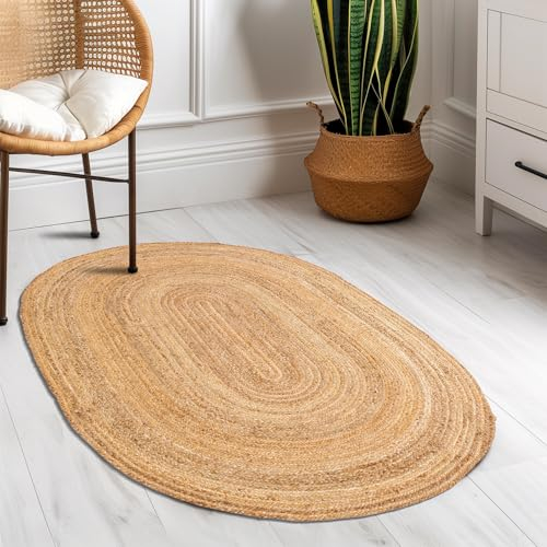 Super Area Rugs Juteteppich, wendbar, Naturfaser, Herdteppich, umweltfreundlich, Bodenbelag für Küche, Tür, handgewebt, natürlich, halbrund, 60 x 90 cm, oval