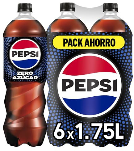 Pepsi zero Refresco de cola con cero azúcar y cero calorías, packs de 6 botellas de 1.75 litros, 10.5 litros en total