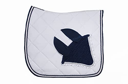 WAGNER Dressur Schabracke mit Fliegenhaube und Strass-Steinen Weiss-BLAU