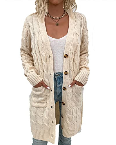Daysskk Women's Beige Cardigan Chunky Knitted Cardigan Long Sleeve for Women Beige Long Buttoned Cardigan with Pockets Open Front Womens Winter Outwear L