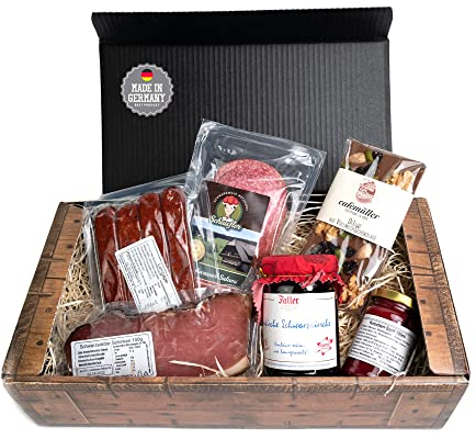 Kirschkiste - 6-teilig - Schlemmergeschenk mit Kirschmarmelade, Kirschsenf, Kirschwassersalami, Landjäger, Schokolade und Schinken - eine süße Überraschung aus dem Schwarzwald