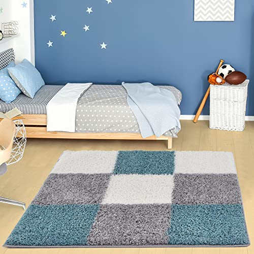 THE RUGS Area Rug – Modern Luxury Shaggy Rug, Multicolour Pattern Carpet, Ultra Soft for Bedroom, Living Room, Kids Room, (120 cm Square,Duckegg Blue)