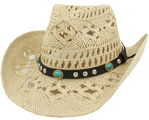 Chapeau de Cowboy/Cowgirl Paille Cowboy Panama avec Bande Ouest/Ouest Unisexe Taille Unique Homme Femme pour Été Coachella Plage Style Country