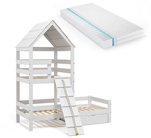 VitaliSpa Hausbett Teddy, Bett aus Holz, Weiß, 90x200 cm mit Matratze und Schublade