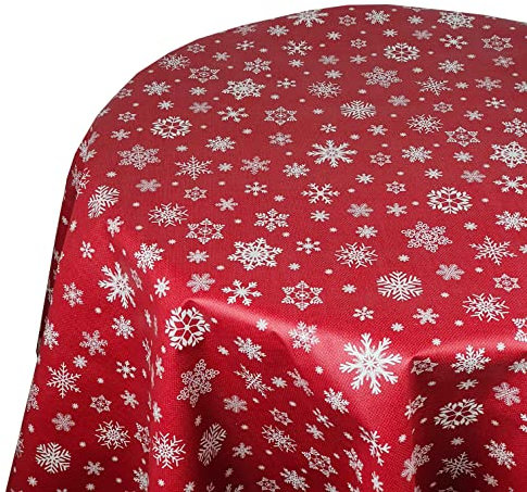 Wachstuch Wachstischdecke Tischdecke Weihnachtstischdecke Größe wählbar Weihnachten Schneeflocken Rot Rund ca. 140 cm abwaschbar