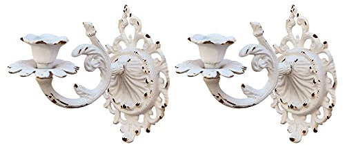 ADITAM Cast Iron Set of 2 Wall Mounted Candle Sconces Holders,Shabby Chic Hanging Candle Holder for Wall, Home Wall Art for Living Room Fireplace Yard Pathway (White) Double the comfort