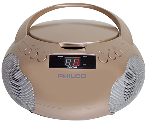 Philco Portable CD Player Boombox with Speakers and AM FM Radio | Rose Gold Boom Box CD Player Compatible with CD-R/CD-RW and Audio CD | 3.5mm Aux Input | Stereo Sound | LED Display