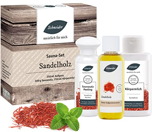 Saunabedarf Schneider - Sauna-Set Sandelholz - 250 ml Aufguss, 300 g Saunasalz Peeling, 250 ml Körpermilch – Mix