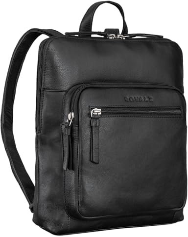 ROYALZ 'Carolina' Moderner Leder-Rucksack Damen Elegant Mittel-groß Cityrucksack im Vintage Look - flacher Echtleder Tagesrucksack Daypack Rucksackhandtasche aus Echtleder, Farbe:Schwarz