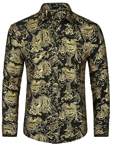 HISDERN Men's Satin Shirts Long Sleeve Gold Feather Print Shiny Shirt Casual Fashion Luxury Floral Shirts Gold Black XL