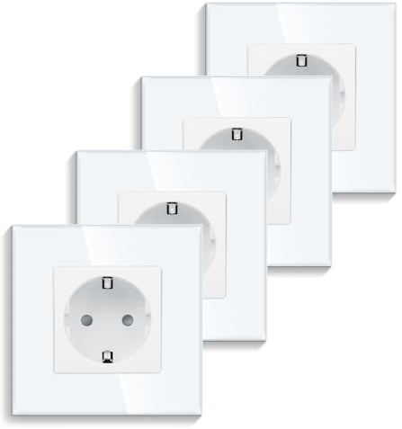 4er-Pack CNBINGO Glas Einzelsteckdose Unterputz in Weiß - Einfach Schuko Steckdose mit Kindersicherung - 16 Amp Schutzkontakt Wandsteckdose mit Glasrahmen