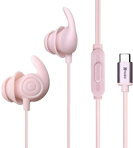 Hmusic Écouteurs de Sommeil filaires, Ultra légers en Silicone Souple USB de Type C avec Micro pour Le Sommeil latéral, Le Yoga, Les Voyages, la méditation (Rose)