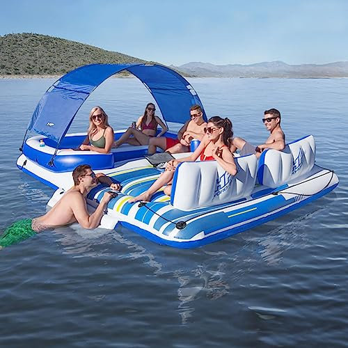 Large Inflatable Floating Island, Waterplay Party Beach Floats, Inflatable Island Lounger with Tropical Breeze Floating Island, Swimming Pool Inflatable Floating Mat for Summer Parties