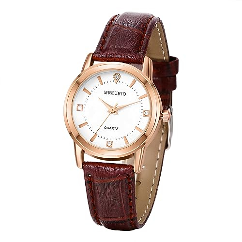 JewelryWe Damenuhr Leder Uhren Damen - Klassische Runde Analog Quarz Armbanduhr mit Braun Leder Armband Geschäfts Beiläufige Uhr für Frauen Mädchen