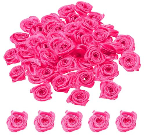 PATIKIL 0.6 Mini Satin Ribbon Roses, 50 Pcs Tiny Fabric Flowers Embellishments Rosettes Applique for DIY Crafts and Wedding, Rose Red