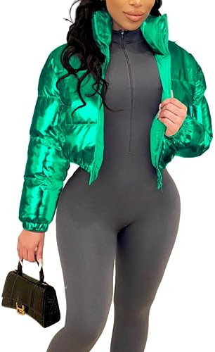 Halfword Frauen Glänzend Cropped Puffer Jacke Langarm Einfarbig Stehkragen Winter Daunenmantel, Grün , S