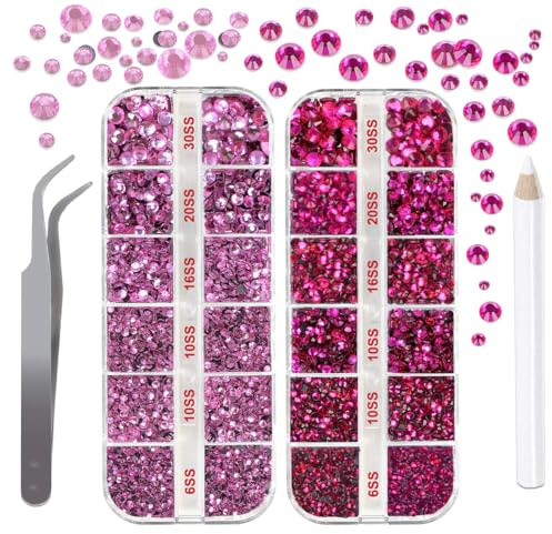Esseelove Hotfix Rhinestones Flatback, Lt. Pink & Fuchsia Hot Fixed Rhinestones for Bedazzling, 4832 Pcs, Gem Picker, Tweezer, Bedazzler Kit with Rhinestones for Crafting, 5 Sizes SS6-SS30