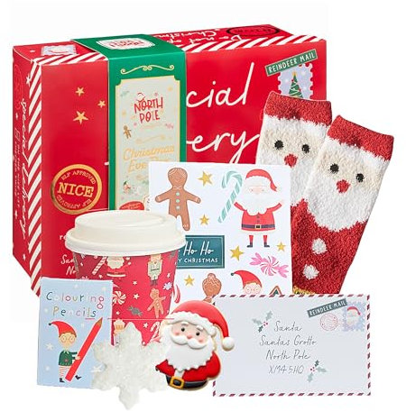 Topline Christmas Eve Box - Hot Chocolate Mix, Cup, Pencils, Socks, Sweets & Toppings - Stocking Fillers & Gifts