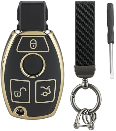 3-Tasten Autoschlüssel Hülle Für Mercedes-Benz BGA Schlüsselschutz (schwarz mit goldener Zierleiste) und grauer Schlüsselanhänger (Farbe: Schwarz)