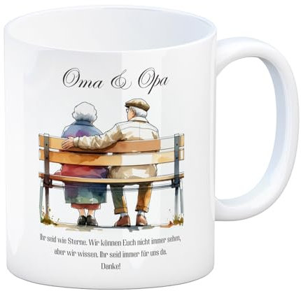Oma und Opa auf Bank Kaffeebecher Rückansicht von Großmutter und Großvater sitzend in Ruhebank Tasse mit Oma und Opa hinten sitzend
