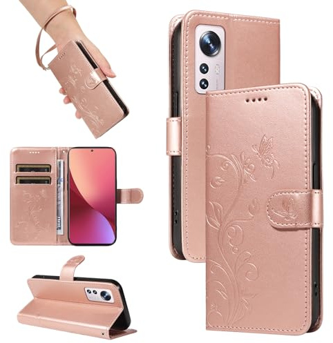 SRISHP Hülle für Xiaomi 12 Handyhülle, Rosé Gold | Premium PU Leder, Handyhülle Mit Band, Magnet Flip Case, Kartenfächer, Ständer Klappbar Tasche, Standfunktion Schutzhülle