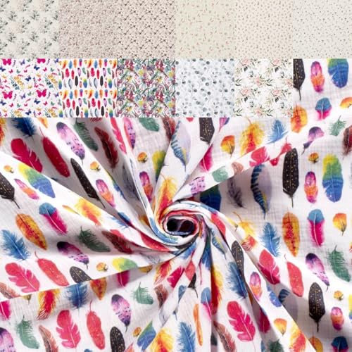 Generisch Musselin Bedruckt Blumen - Krepp Stoff Meterware Pflanzen - Double Gaze Tiere - Kreppstoff für Babys Leo, Baumwolle Mulltuch *ab 25 cm, Farbe: 023 Bunte Federn