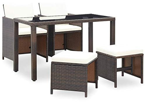 Rantry Set Tisch und Stühle Garten Tisch und Stühle Terrasse Outdoor Set Garten Esszimmer Set 5-teilig und Kissen Polyrattan braun 2 x Sessel + 2 x Hocker + Tisch