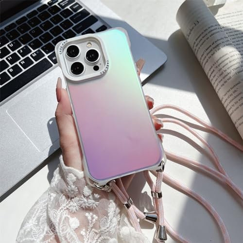 Emlivi Handykette für iPhone 15 Pro Max Hülle mit Band, Bunt Matt Silikon Handyhülle Bumper Case mit Kette Kordel, Verstellbarer Necklace TPU Anti-Fall Schutzhülle für iPhone 15 Pro Max, Rosa