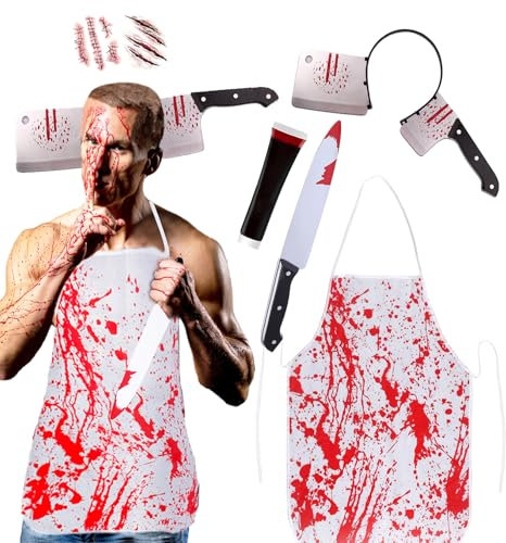 Disfraz de carnicero de Halloween para hombres adultos, delantal sangriento, cuchillo, diadema, accesorios, cicatrices de sangre falsa, tatuajes, pegatinas, traje de Halloween para adultos (Cuchillo)