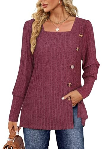 Gemulate Jumpers for Women UK Sale Womens Long Sleeve Tops Lightweight Square Neck Dressy Casual Tunic Tops with Buttons - Wine Red, S
