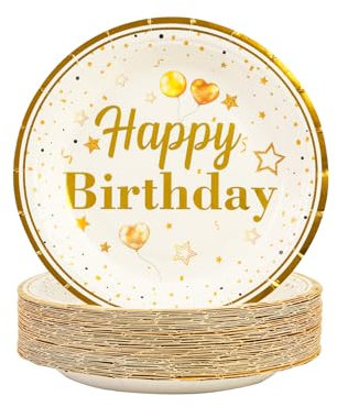 AHPYEUHK 50 PCS Assiette Jetable Anniversaire 17,8cm Assiettes en Carton Papier Party Dessert Vaisselle Jetable pour 2025 nouvelle année (anniversaire blanc)
