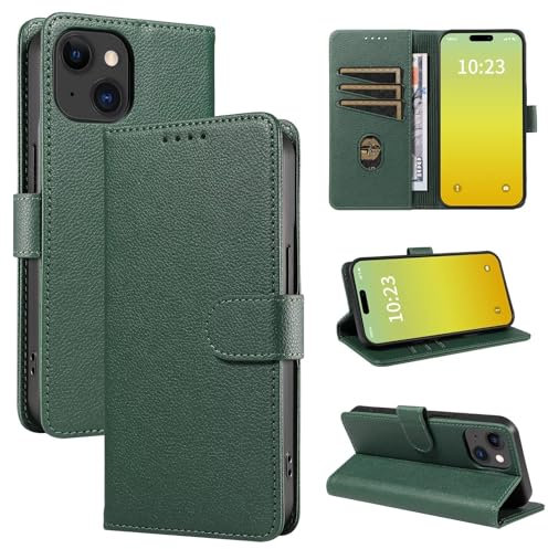 Luoiwei Case for iPhone 15 Leather Case, for iPhone 15 Hülle Leder, Flip Wallet Cover Foldable Shockproof Magnetic [Premium PU Leather] [Stand Function] [Card Slots] Silicone Flip Case, Green