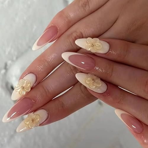 Faux Ongles Court MouyouGlow,Amande Jaune Airbrush 3D Fleurs Flowers French Vanille Fairy Sweet Press on Nails avec Colle à Ongles,Printemps Automne Fake Nails