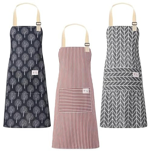TANGHSE 3 Pack Aprons for Women, Waterproof Apron for Cooking Chef Apron for Men Cleaning Kitchen Aprons Clothes Drying Apron Tabards for Women with Pockets for Baking