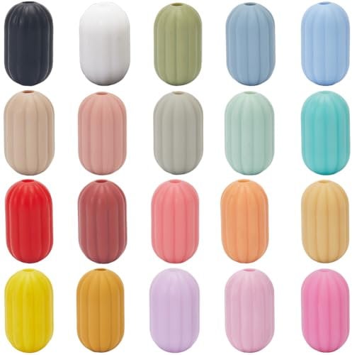 SUNNYCLUE 1 Box 40Pcs 20 Colors Silicone Focal Bead Soft Rubber Beads Bulk 17x10mm Colorful Oval Column Striped Spacer Beads for Necklace Bracelet Lanyards Keychain Pens Beading Jewellery Making